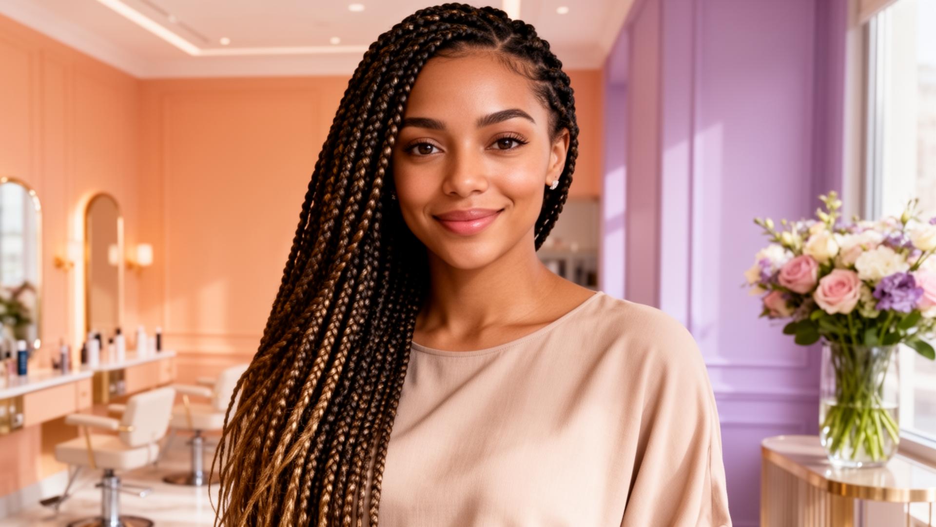 Woman with beautiful long box braids in an elegant Faceflair salon